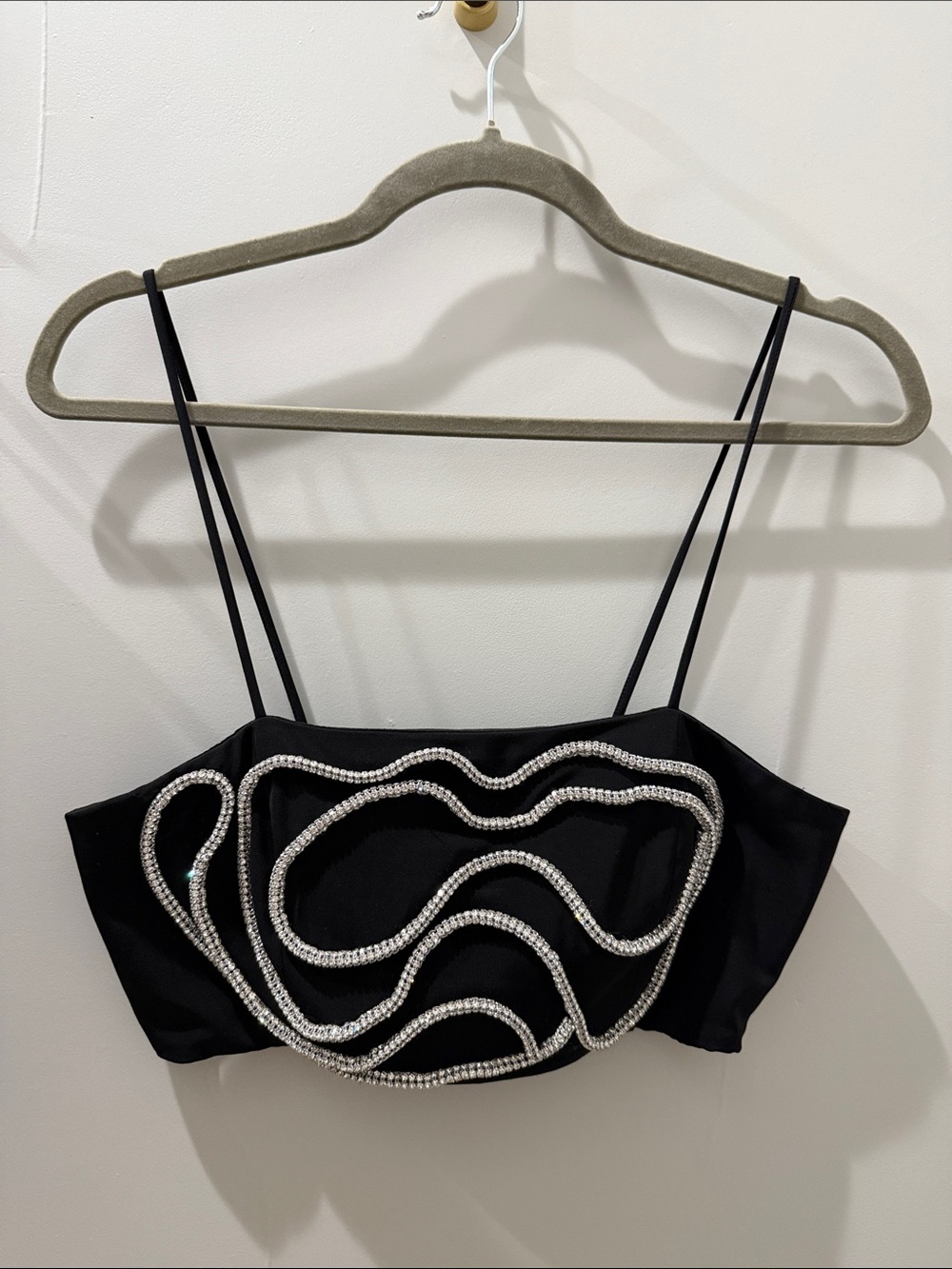 Zara Black Crystal-Trimmed Spaghetti Strap Crop Top